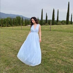 ASOS DESIGN tulle plunge maxi dress dress with bow back detail in powder blue